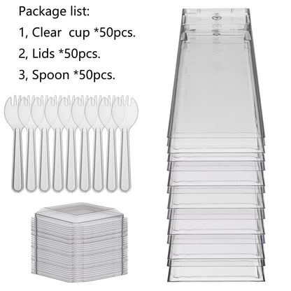 Toowood 50pcs Clear Dessert Cups with Lids and Spoons, 5.4oz Dessert Cups, Mini Cups Reusable Square Parfait Cup for Party Appertizer, Christmas