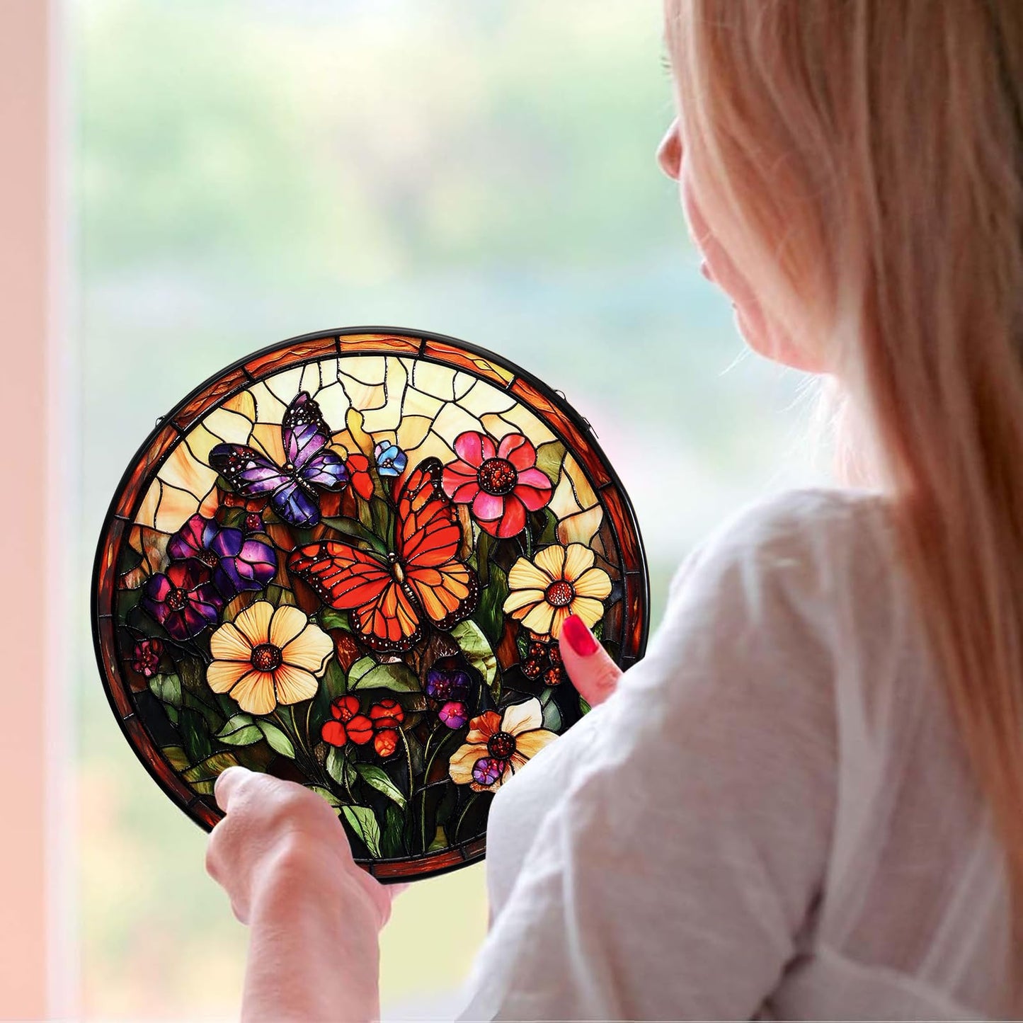 UXORSN Butterfly Faux Stained Glass Window Hanging Suncatcher 6 Inch Gifts for Mom Photo Family Portrait Handmade Sun Catcher Wall Art Home Decor for Women Garden Home Thanksgiving Christmas