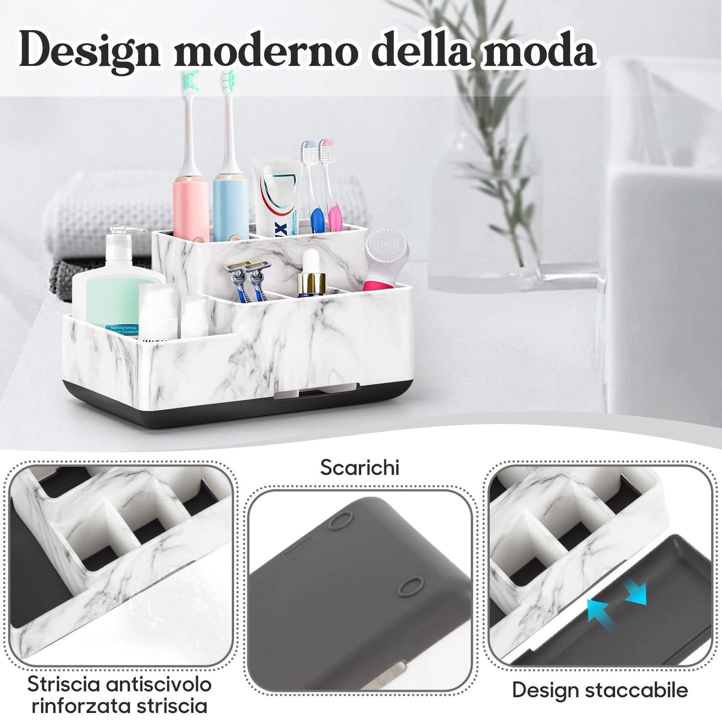Toothbrush Holder, Bathroom Organizers Countertop, 6 Compartments Multifunctional Washroom Organizer for Toothpaste, Cosmetic, Makeup, Office Stationery Pencils, White Marble