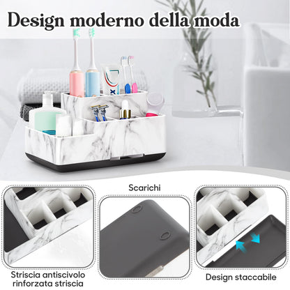 Toothbrush Holder, Bathroom Organizers Countertop, 6 Compartments Multifunctional Washroom Organizer for Toothpaste, Cosmetic, Makeup, Office Stationery Pencils, White Marble