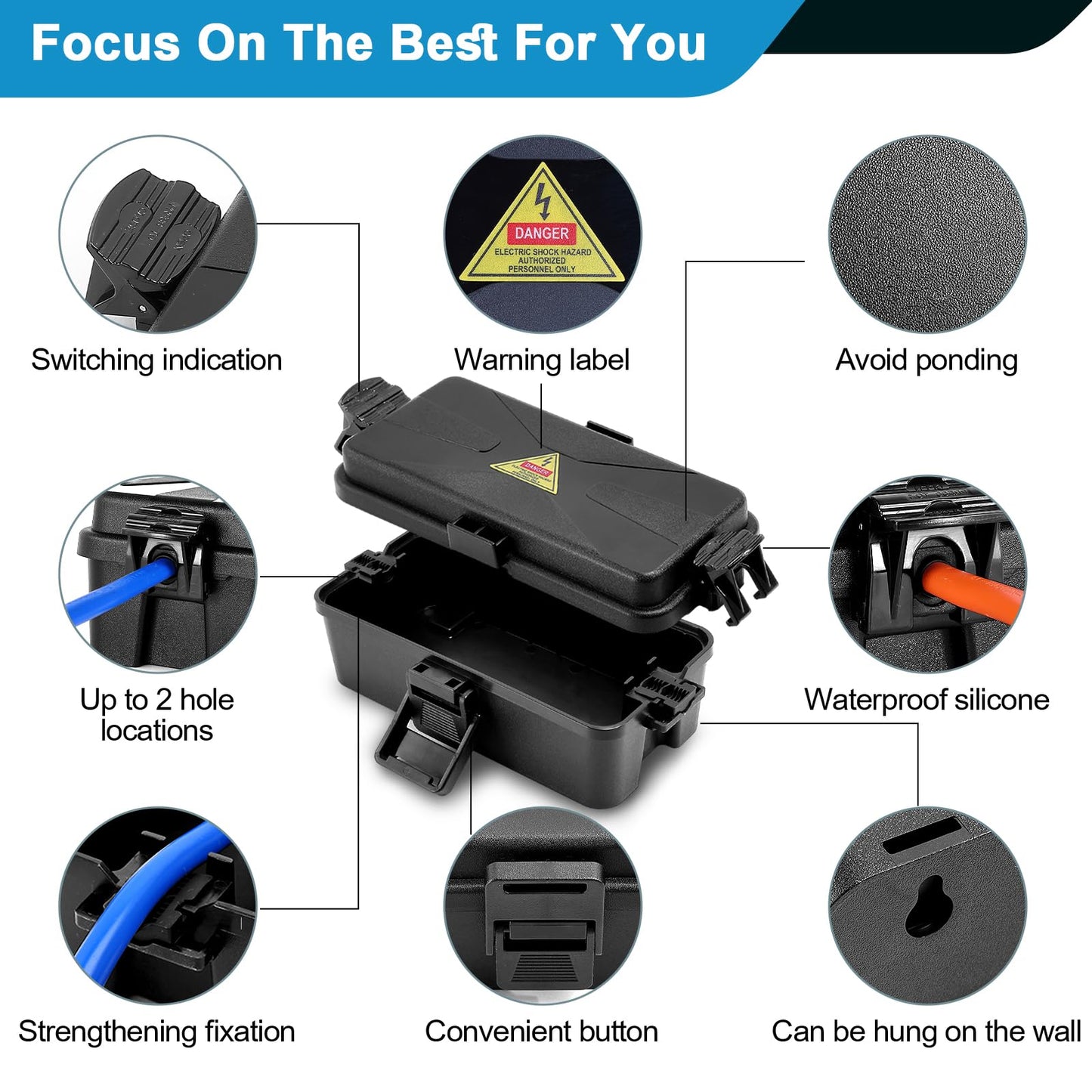 Outdoor Electrical Box Waterproof IP54 Black Outdoor Extension Cord Cover(Inner 6.5 x 3.5 x 2.2inch), Wall-Hangable Waterproof Box for Plug, Halloween, Christmas String Lights (Black 2PCS)