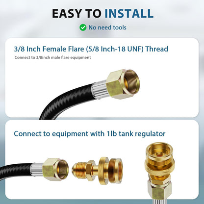 Rushare 15 FT Propane Quick Connect Hose for RV to Gas Grill, 1/4" Male Quick-Connect Fitting to 3/8" Female Flare & 1''-20 Male Throwaway Cylinder Thread, for Portable Propane Appliance