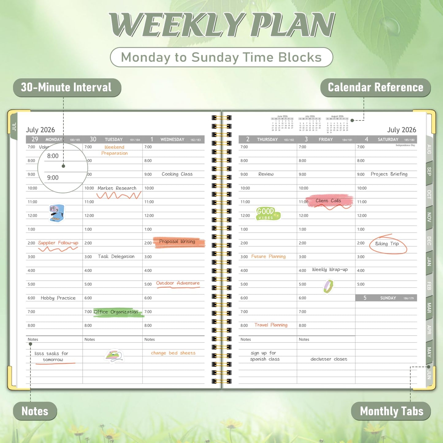 Appointment Book 2026-2027, Hourly Planner from July 2026 - June 2027, 8.5"×11" Large Weekly & Monthly Appointment Planner, Daily Agenda Book with 30-Minute Interval for Office School, Green