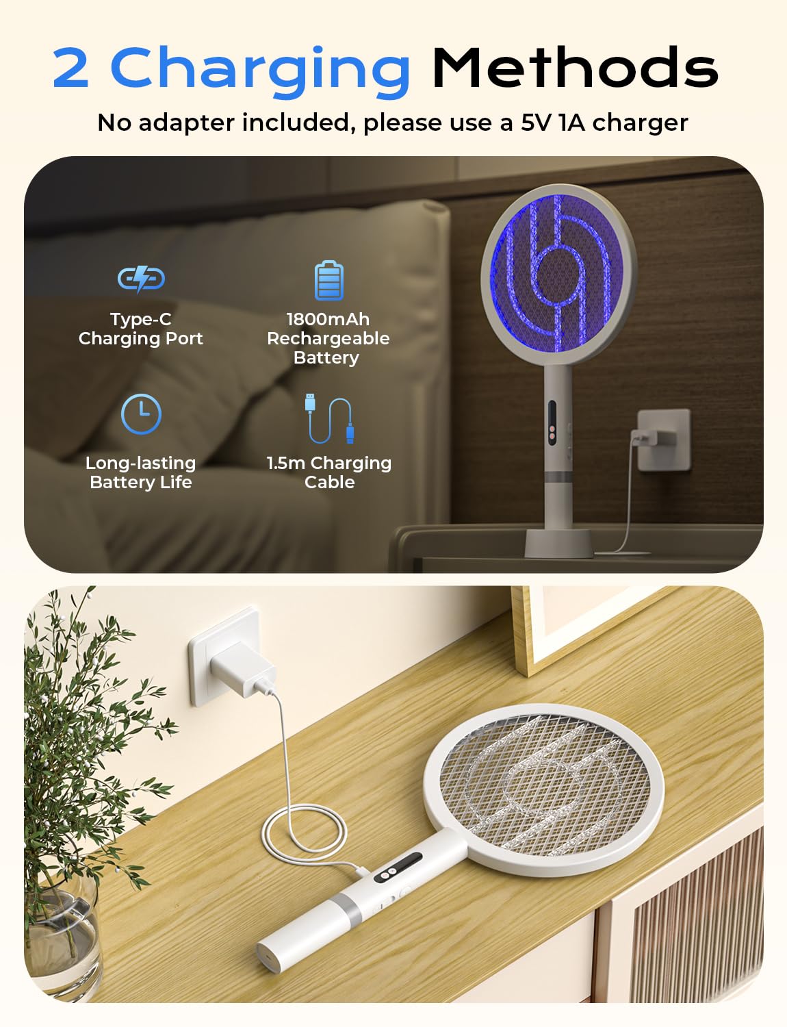 YISSVIC Bug Zapper Racket 4000 Volt Electric Fly Swatter Fly Zapper Indoor Outdoor Dual Modes with Attractant Light Rechargeable