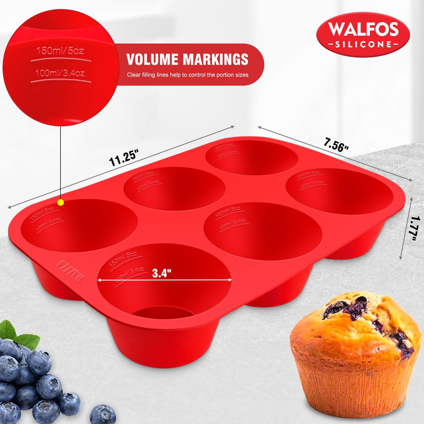 Walfos Silicone Jumbo Muffin Pan Set- 6 Cup Large Silicone Cupcake Pan, BPA Free Silicone Perfect for Egg Muffins, Big Cupcakes - Non-Stick and Dishwasher Safe, Set of 2