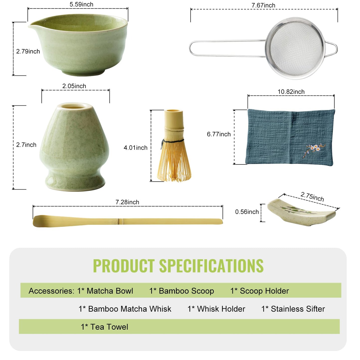 SOOCVWOLF 7 Pcs Matcha Whisk Set, Ceramic Matcha Kit for Tea Ceremony, Matcha Whisk and Bowl, Matcha Tea Set for Making Latte Drinks, Gift for Matcha Lover and Starters(Green)