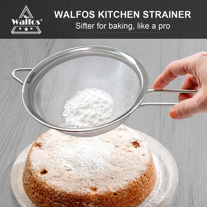 Walfos Fine Mesh Strainer Set of 4-9.5", 7", 4.7", 2.8", Multipurpose Stainless Steel Mesh Sieve with Handle, Kitchen Fine Strainers Sifters for Food, Rice, Quinoa, Fruits, Vegetables, Tea