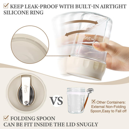 SOLIGT NOVIIML k Overnight Oats Containers with Lids, Folding Spoons and Divided Compartments for Fruit & Nuts, Small Glass 16oz Mason Jars for Oatmeal Yogurt Parfait (2 Set-Oat White/Oat White)
