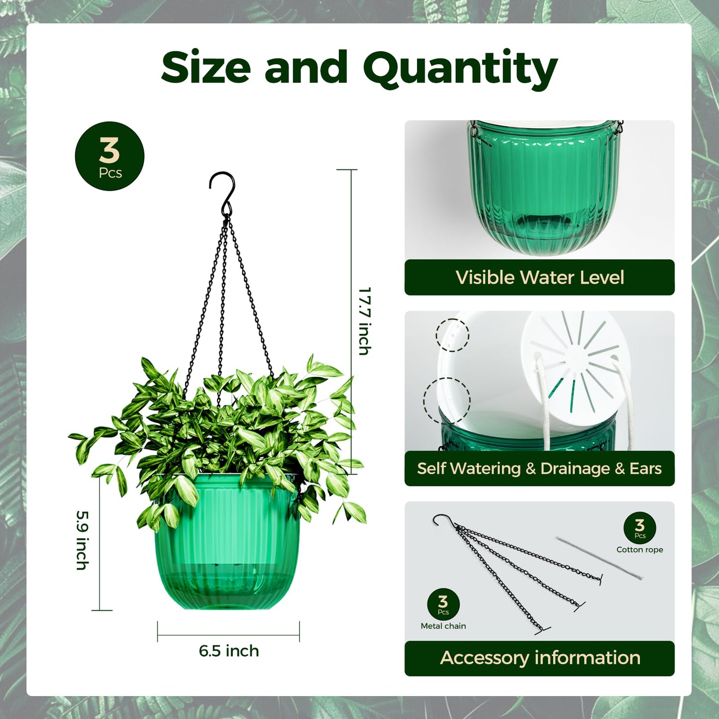 Bamworld Hanging Planters for Indoor Plants Self Watering Pots with Drainage Hole 3 Pack 6.5 Inch Outdoor Plant Hanger Hanging Pots with 3 Hooks Chains Spider Plants Live House Planters(Emerald)