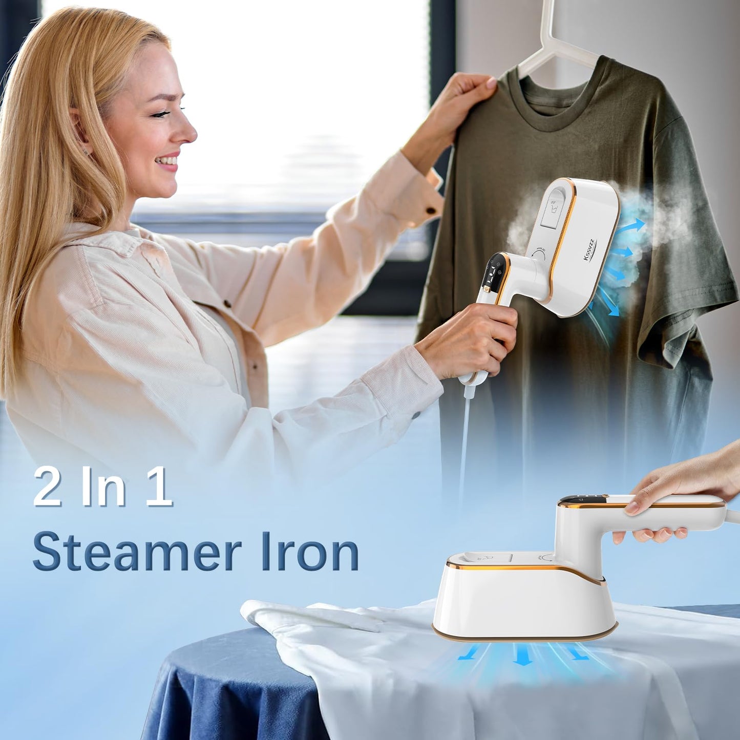 Portable Travel Steamer for Clothes with LCD Display, 4 Mode 1200W Steam Iron 2 in 1, 180° Foldable Mini Iron, Handheld Steamer for Clothes, Garment Steamer for Home, Dorm, Travel, 110V ONLY (White)