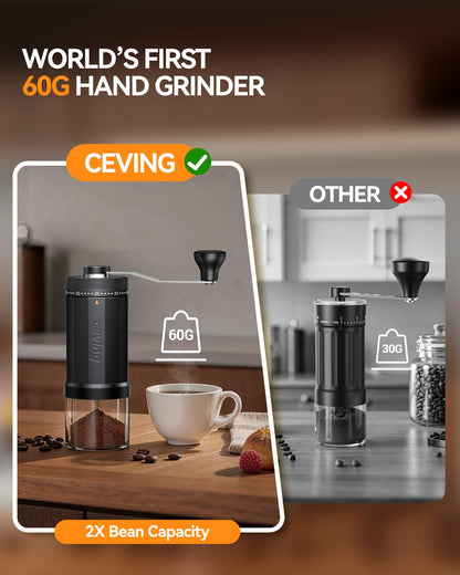 World's First 60g Large Capacity Manual Coffee Grinder, Portable Hand Coffee Bean Mill with 40 Adjustable Settings, Ceramic Conical Burr Grinder for Espresso, Pour Over, Camping, Travel, Gift, etc