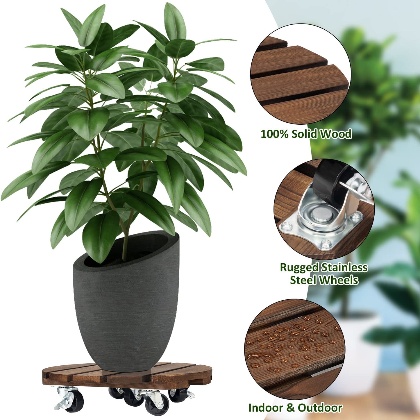 Yangbaga 2pack Plant Caddy 11??Wood Duty Round Plant Roller with 2 360° Lockable Caster Wheels,Indoor Outdoor on Roller Patio/Flower Pot/Succulent Pots