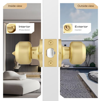 Leydebong 1 Pack Keyed Entry Door Knobs with Lock, Gold Door Locks, Interior and Exterior Door Lock, Reversible for Right/Left Handing