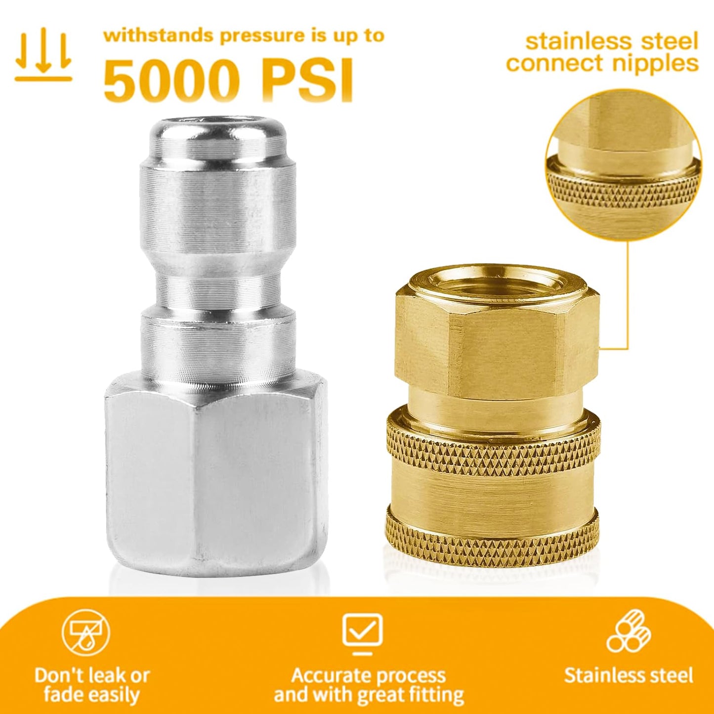 8 Pack NPT 3/8 Inch Stainless Steel Male and Female Pressure Washer Quick Connect Fittings (Internal Tread) Pressure Washer Adapters Set, 5000 PSI