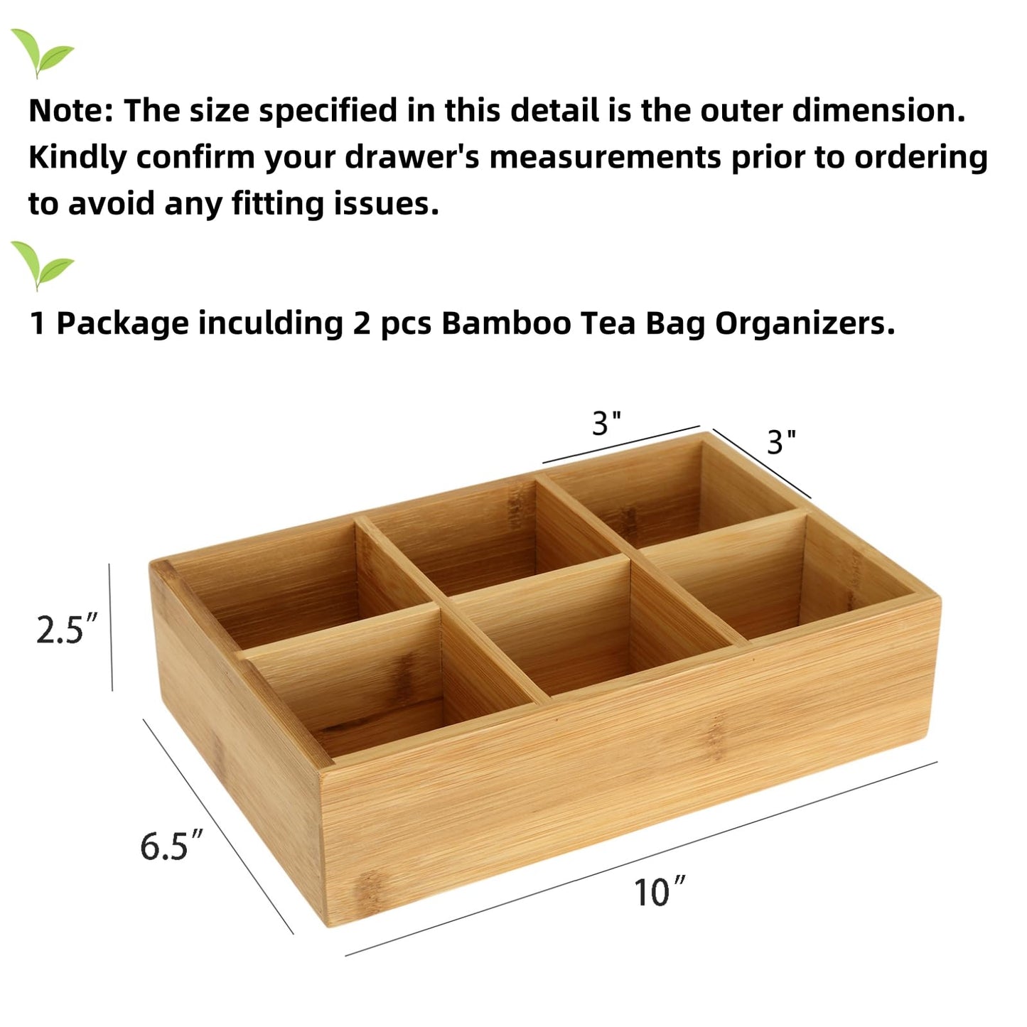 Dicunoy 2 Pack Bamboo Tea Bag Organizer, Wood Tea Drawer Box Storage Holder With 6 Compartments, Chest Box for Coffee Station, Sugar Packet, Sweeteners, Small Packets