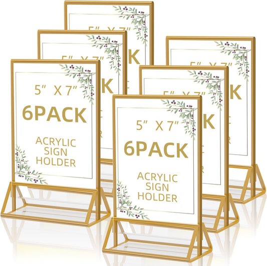 Sign Holders, 6 Pack 5"*7" Acrylic Display Stand for Christmas Party Wedding Table Number, Golden Double Sided Menu Holder, Photo Holder, Clear Picture Frame Flyer Holder For Office Business Store