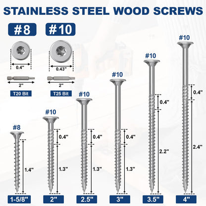 #8 × 1-5/8" 410 Stainless Steel Deck Screws, 150Pcs Wood Screws T20 Star Bit