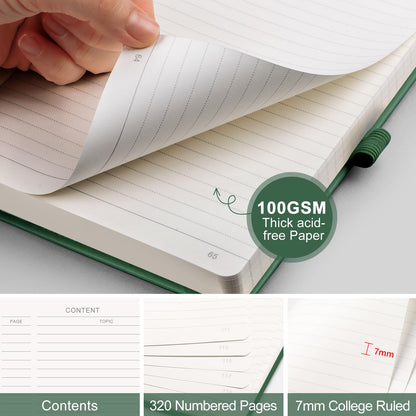 AHGXG Lined Journal Notebook for Work, A5 College Ruled Notebook with 320 Numbered Pages 100 GSM Thick Paper, Hardcover Leather Journal for Women Men Students, 5.7" x 8.3", Green