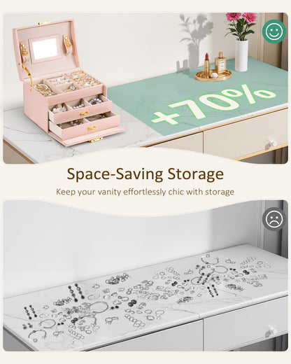 Lifcozy Jewelry Box for Girls Women, 3-Layer Jewelry Organizer with Mirror and Portable Handle, Small Jewellery Organizers for Young Women, Teenage Girl, 17.2 x 13.5 x 12.5 cm Pink
