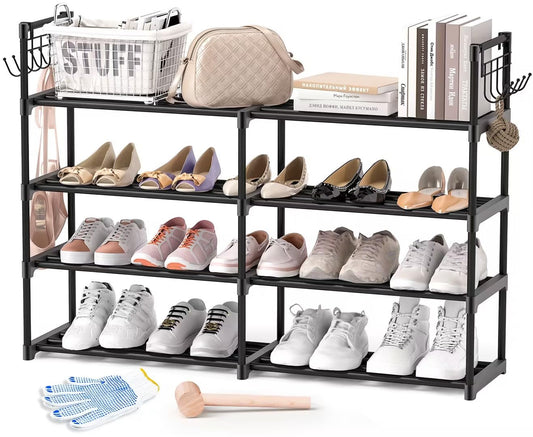 4-Tier Shoe Rack, Black Metal Shoe Racks, Stackable Shoe Shelf with Multifunctional Hooks, Hold 20 Pairs, Space Saving Shoe Rack, Shoes Rack for Closet,Show Rack