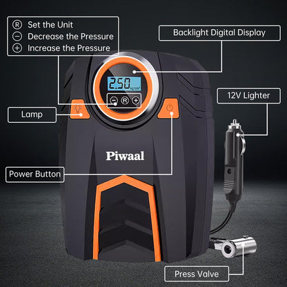 Piwaal Portable Air Compressor for Car Digital Auto Tire Pump Air Pump Tire Inflator for Car Tires and Other Inflatables with LED Light 12V DC (Orange)