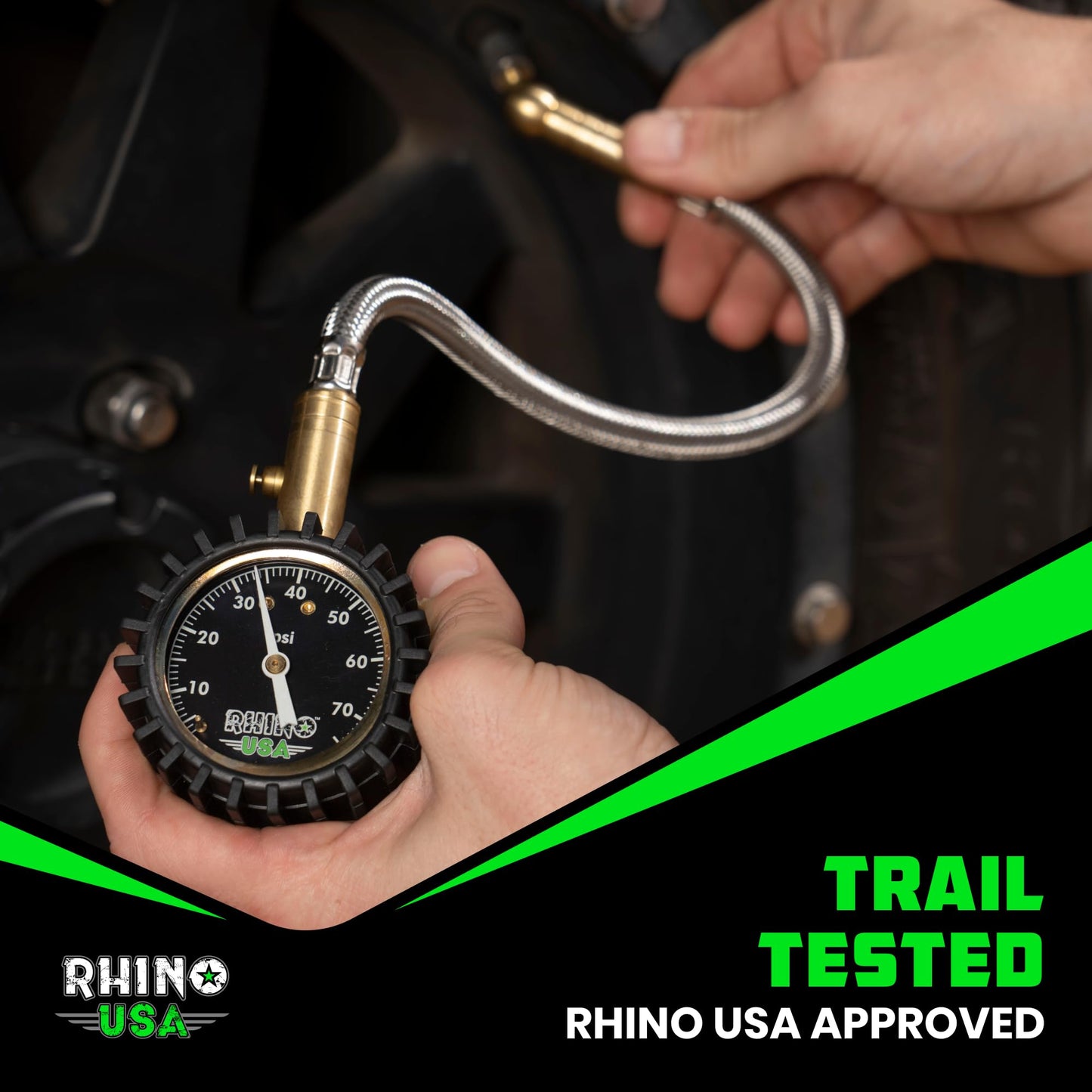 Rhino USA Heavy Duty Tire Pressure Gauge - Certified ANSI B40.1 Accurate, Large 2" Easy Read Glow Dial, Solid Brass Hardware, Best Any Car, Truck, Motorcycle, RV (75psi w/Hose)