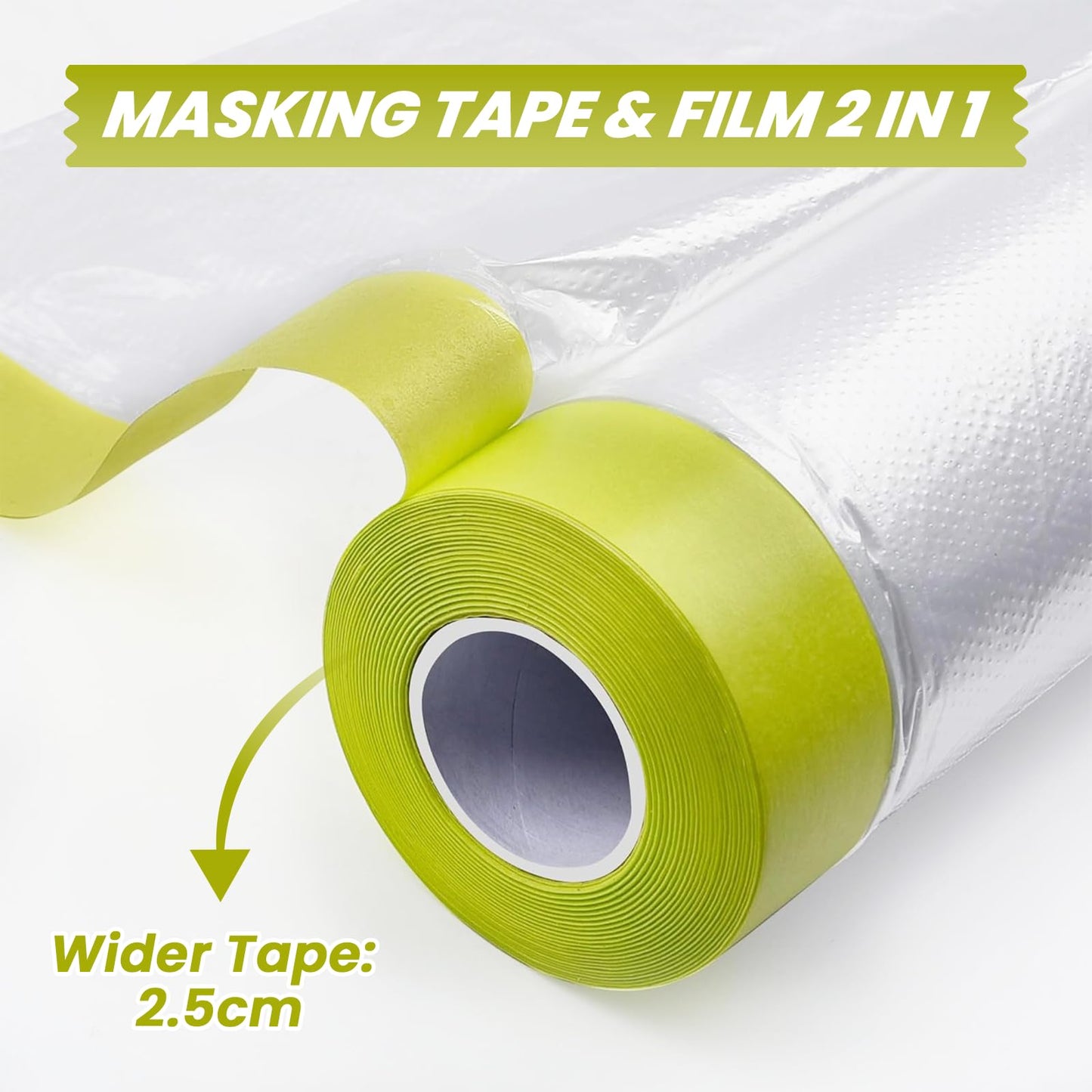 LLPT Tape and Drape 106.3”(Unfolded) x 66 Ft Each 2 Pack Pre-Taped Masking Film 0.31 Mil Painters Plastic Drop Cloth for Auto Wall Furniture Painting Protection (MFTG2720)