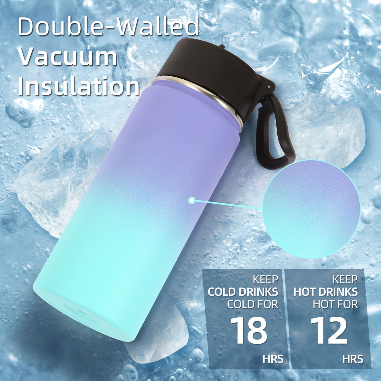 Volhoply 16 OZ Kids Water Bottle Bulk 2 Pack,Insulated Sports Bottles with Straw Lid,Stainless Steel Bottle with Handle Keep Cold & Hot,Double Wall Vacuum Cups for School(Assorted,Set of 2)