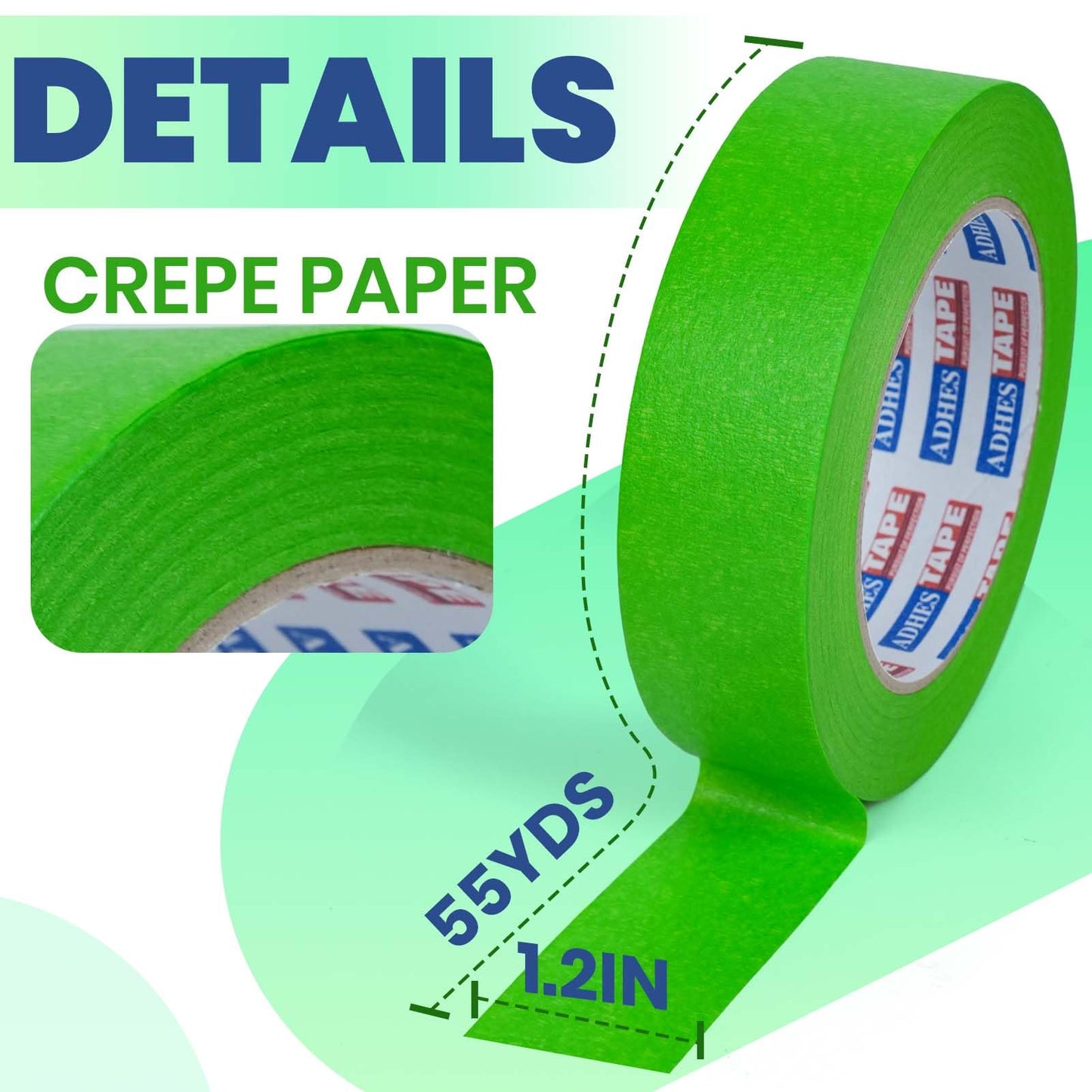 ADHES Green Masking Tape 1.2 Inch x 55 Yards – 5 Rolls, UV Resistant, No Residue, Multi-Surface Painters Tape, Automotive Masking Tape for Indoor & Outdoor, DIY, Arts, Crafts, Labeling