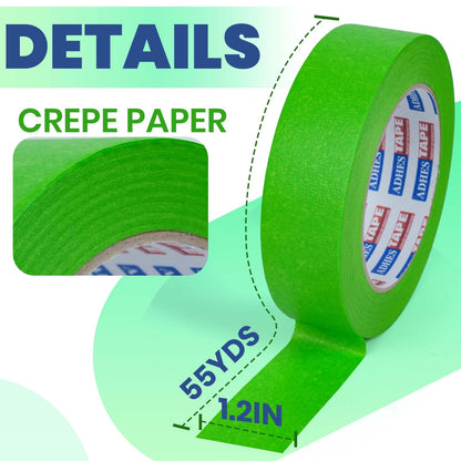 ADHES Green Masking Tape 1.2 Inch x 55 Yards – 5 Rolls, UV Resistant, No Residue, Multi-Surface Painters Tape, Automotive Masking Tape for Indoor & Outdoor, DIY, Arts, Crafts, Labeling