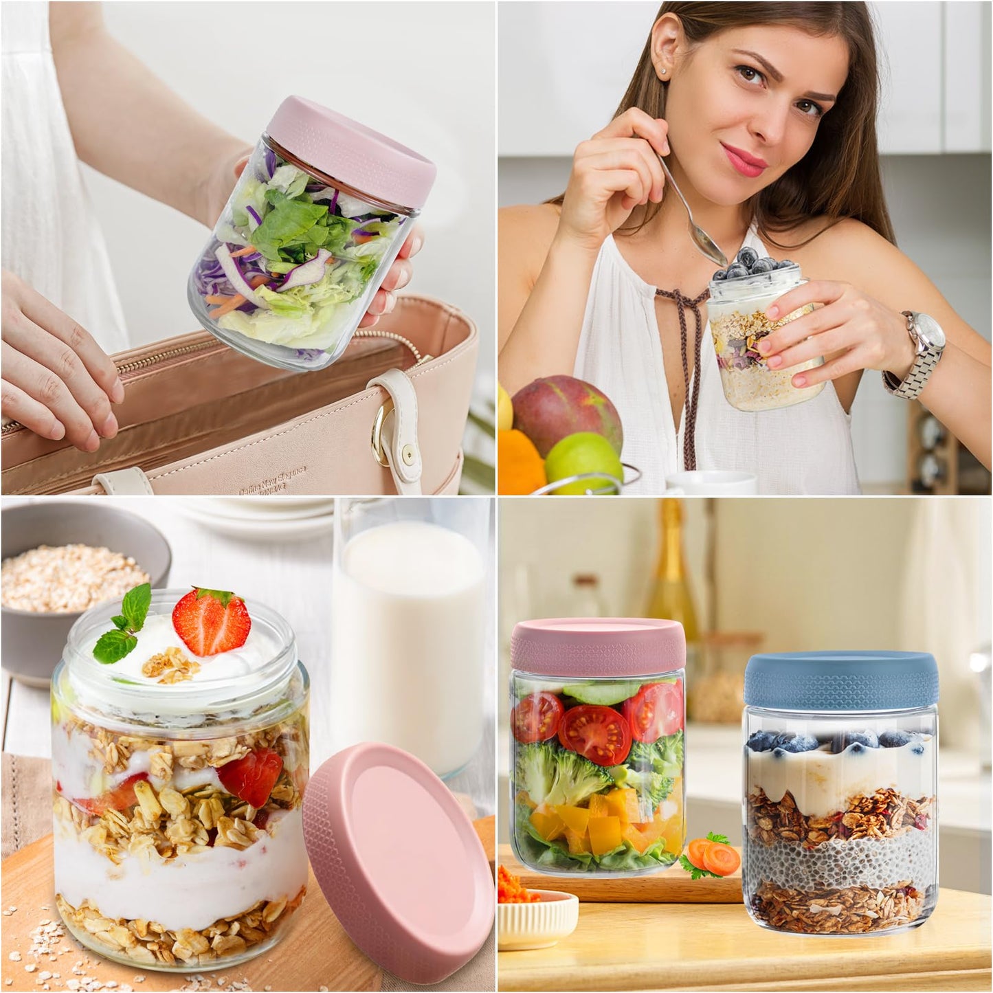 16 OZ Overnight Oats Jar,6 Pack Glass Jar with Lid and Spoon,Reusable Wide Mouth Mason jars for Overnight Oats,Yogurt Snacks Fruit, Salad Dressing, Sauce,Cereal-Leak Proof(500 ml)