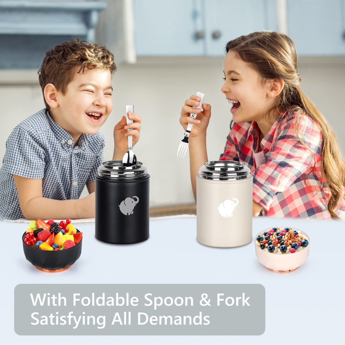Thermo Food Container - Insulated Food Container With Foldable Fork& Spoon, Leak Proof Food Thermo, Portable Wide Mouth Soup Container With Handle For Outdoors Indoors Office Picnic (Black, 17OZ)