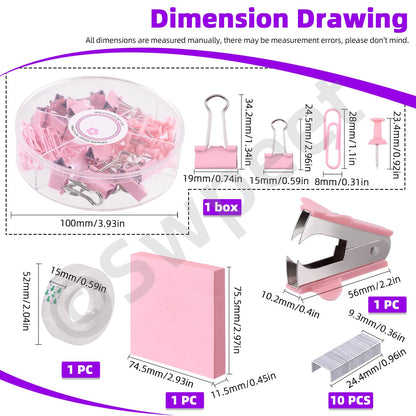 Swpeet 9Pcs Pink Office Supplies Kit, Desk Accessories Including Stapler, Tape Dispenser, Staple Remover, Tabs, Scissors, Staples, Tape, Clips and Sticky Note Ideal for Office and School