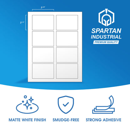 3 3/8" X 2 1/3" Matte White Name Tag Labels Compatible with Inkjet and Laser Printers - 100 Sheets, 800 Total Paper Stickers - Spartan Industrial Template R013