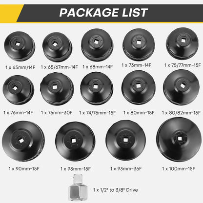 Acymner 15PCS Oil Filter Cap Wrench Tool | Universal Oil Filter Socket Wrench Set 3/8 inch Drive