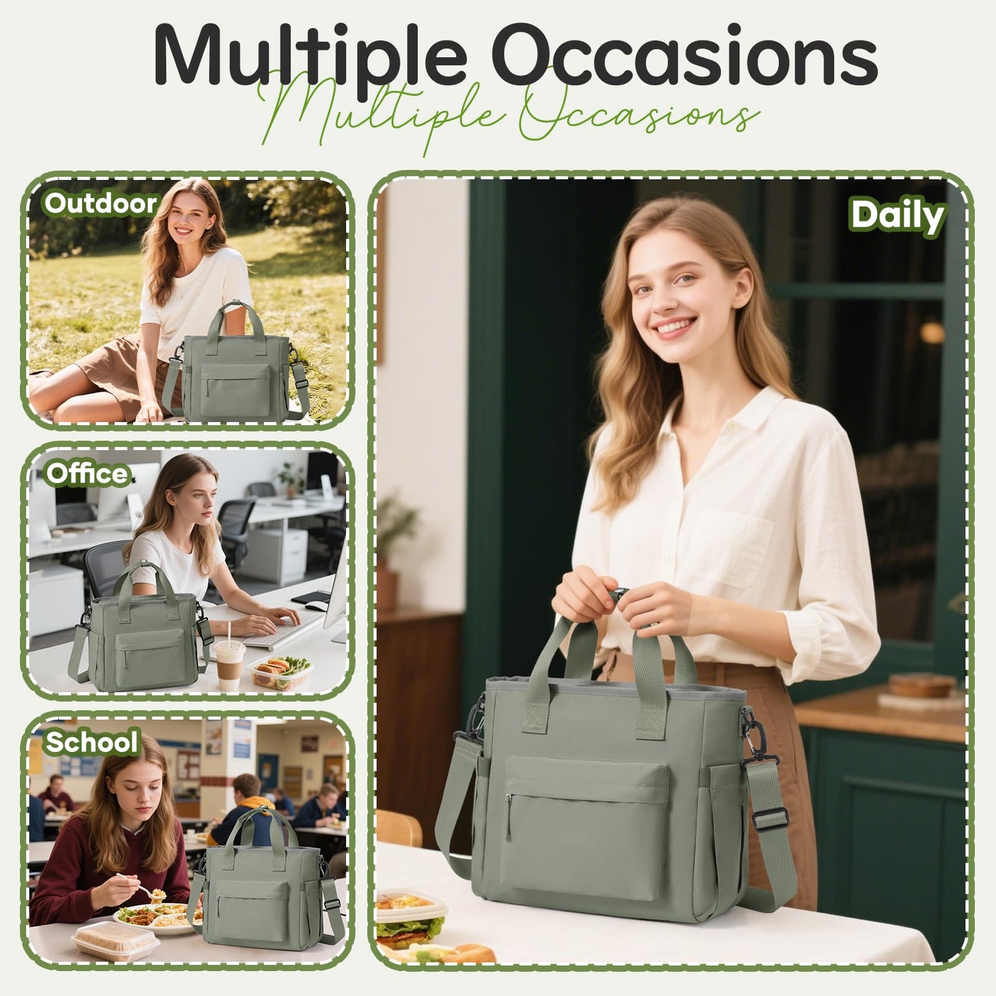 Lunch Bag Insulated Lunch Box Leakproof Lunch Tote Bags for Women Men,Portable Thermal Cooler Bag Lunch Containers with Shoulder Strap for Work, Family, Picnic, School, Outdoor,BBQ C5-Greygreen