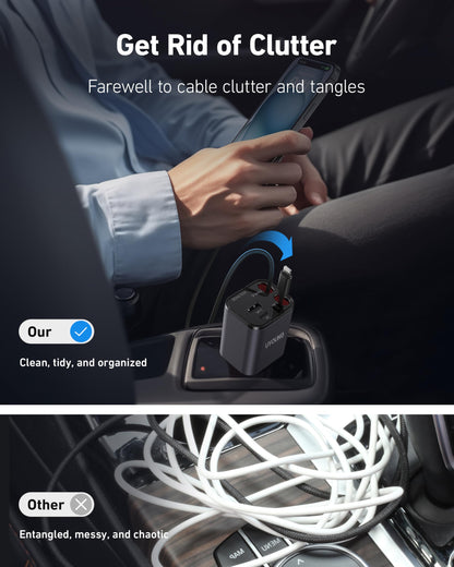 4 in 1 Retractable Car Charger, 4-in-1 Fast Car Phone Charger with 2 Retractable Cables 2.5FT and 2 USB Ports Compatible with i Phone 15/14/13/12/11 Pro Max/XR/XS,Galaxy,Pixel,iPad/iPod