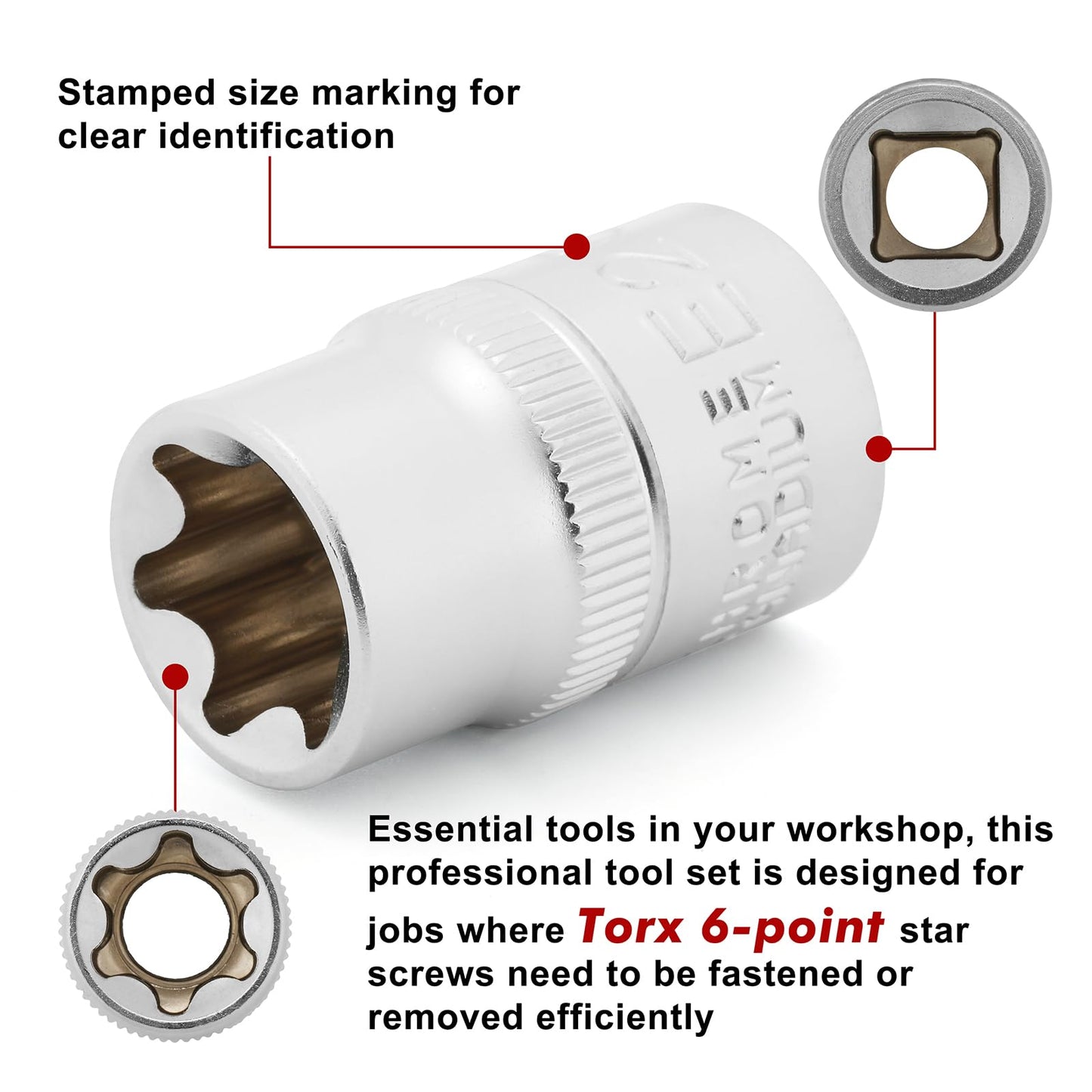 CASOMAN 14 Pieces Female E-TORX Star Socket Set, Female External Star Socket Set, E4 - E24 Torque Socket Set, 1/4" Dr. 3/8" Dr. 1/2" Dr.