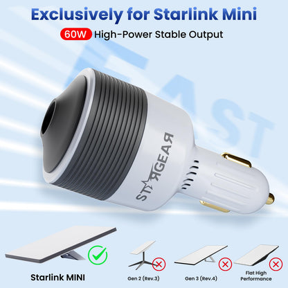 Starlink Mini Car Adapter - 12V to 24V DC Step Up Converter with 60W Car Cigarette Lighter Adapter, Starlink Mini 12V Adapters Supports Official 30M Starlinks Cable