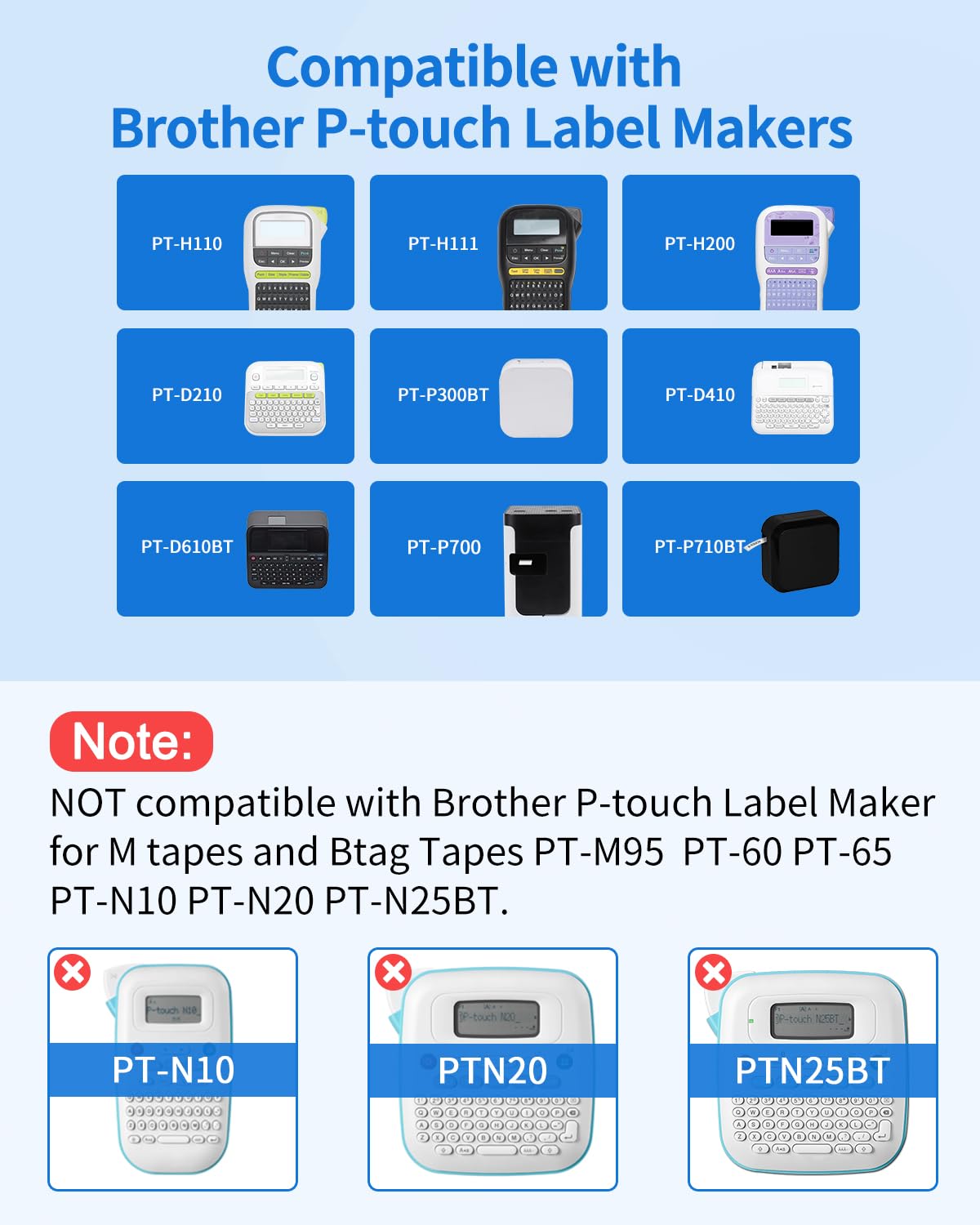 6 Pack Label Maker Tape 12mm Compatible with Brother P Touch D210 D220 D410 H100 H111 H200BP P700 P710BT P750W D610BT, Compatible with Tze Tz Tape 12mm Purple/Turquoise Blue/Orange/Yellow/Red/White
