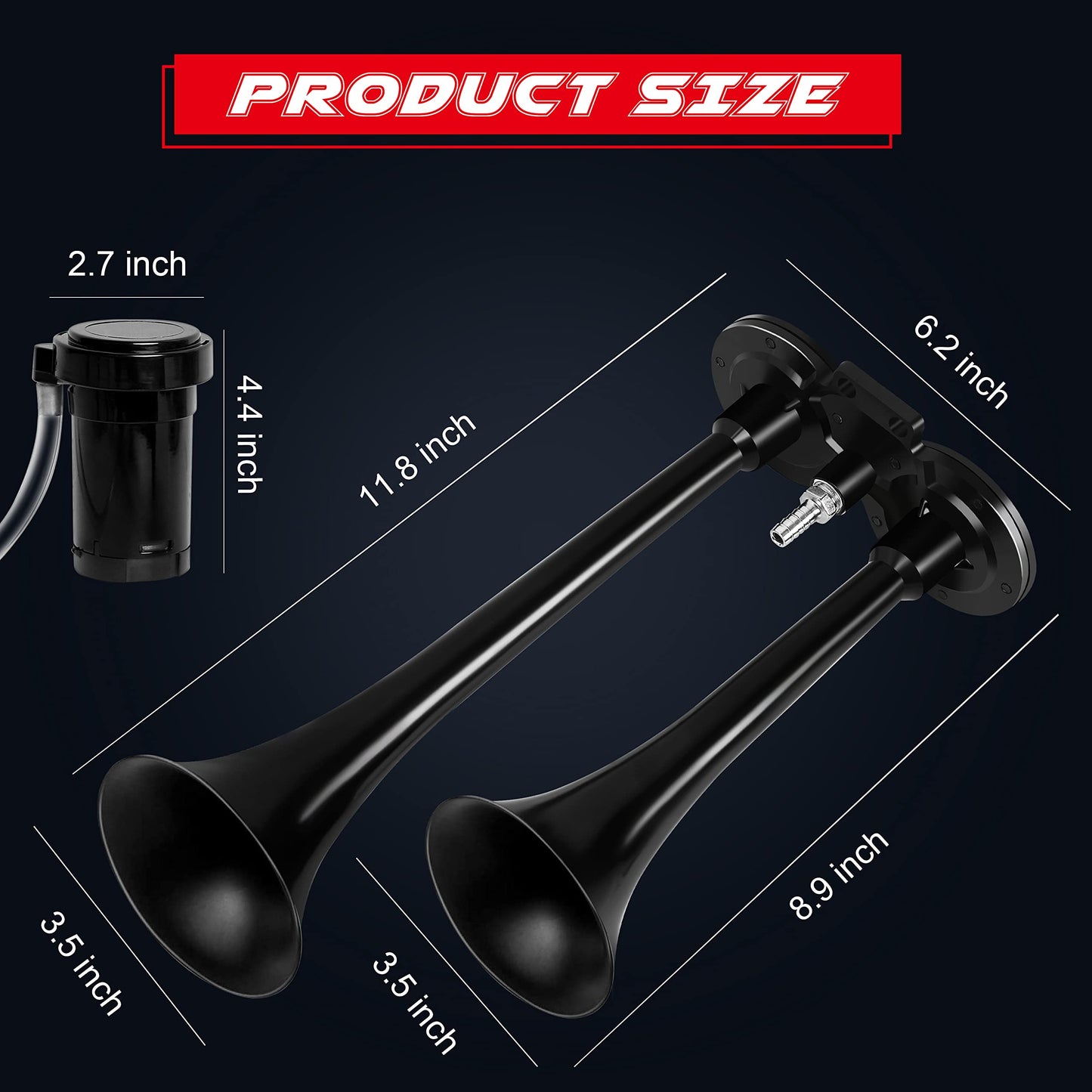 CARFKA Air Horn for Truck Boats Car, 150DB Super Loud Train Horns Kit with 120 PSI Air Compressor (Dual Black)