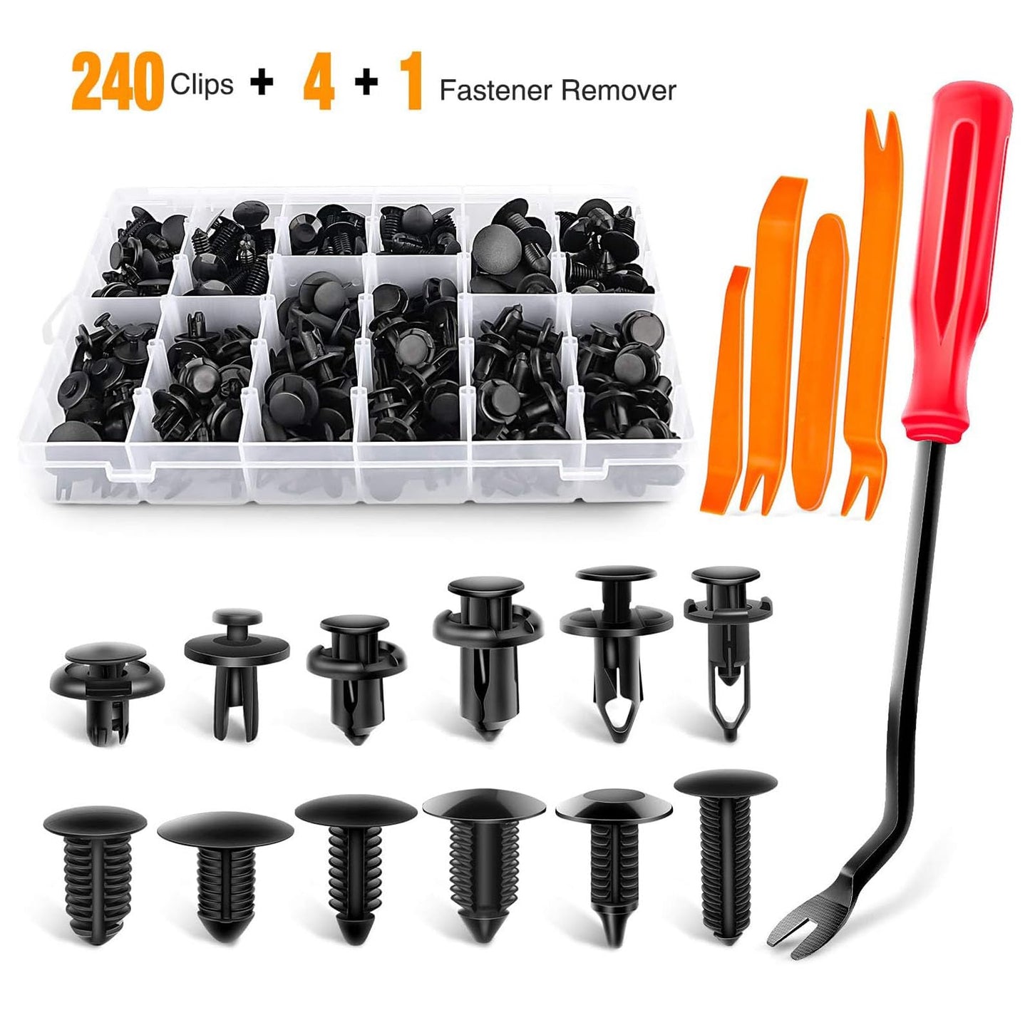 Quathech 240 Retainer clips+5 fastener Remover Car Plastic Rivets Fasteners Push Retainer Kit Most Popular Sizes Auto Push Pin Rivets Set Door Trim Panel Fender Clips for GM Ford Toyota Honda Chrysler