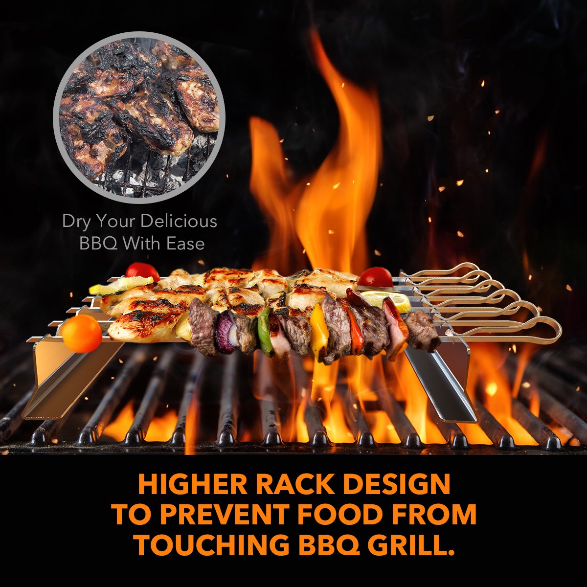 Barbecue Skewer, BearMoo 17” Stainless Steel Shish Kabob Skewers – 0.35” Width Flat BBQ Metal Skewers for Grilling (Set of 6 Skewers + 2 Grill Racks + 1 Handy Storage)