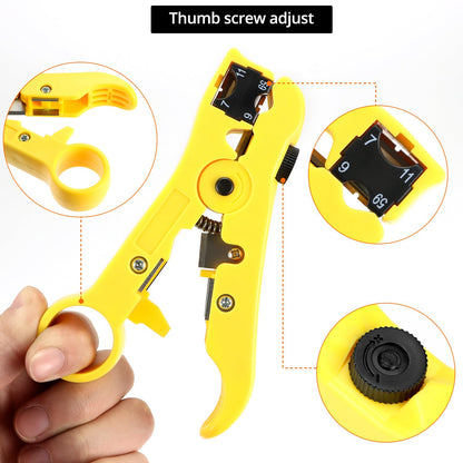 QWORK Coax Cable Crimper Kit with Adjustable Crimping Capability for RG6, RG59, RG11, Precision Cable Stripping and Cutting Tools with 10 RG6 F Connectors