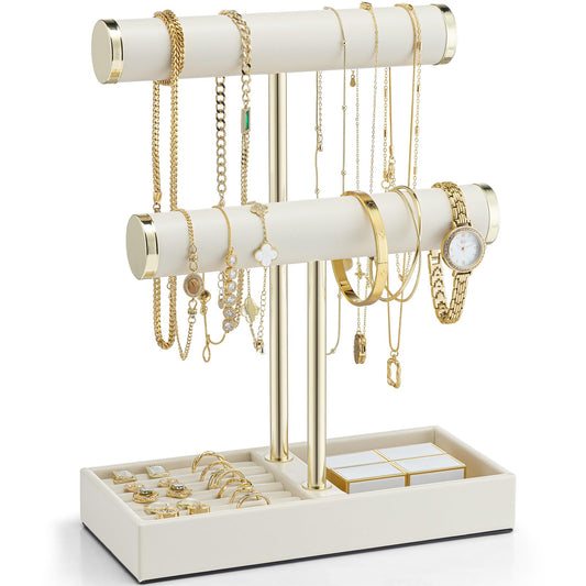 Vlando 2 Tier Bracelet Holder Display,Jewelry Stand Organizer with Ring Holder Tray,Jewelry Holder for Bracelet, Necklace, Watches, Rings,Beige