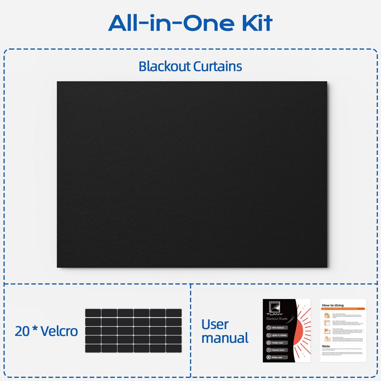 Blackout Curtains for Bedroom, 70" x 58" Portable Blackout Blinds with 20 Sets Hook & Loop Strips for 100% Black-out Window Film, Temporary Black Out Shades for Windows Cover Nursery Travel RV- Blacks