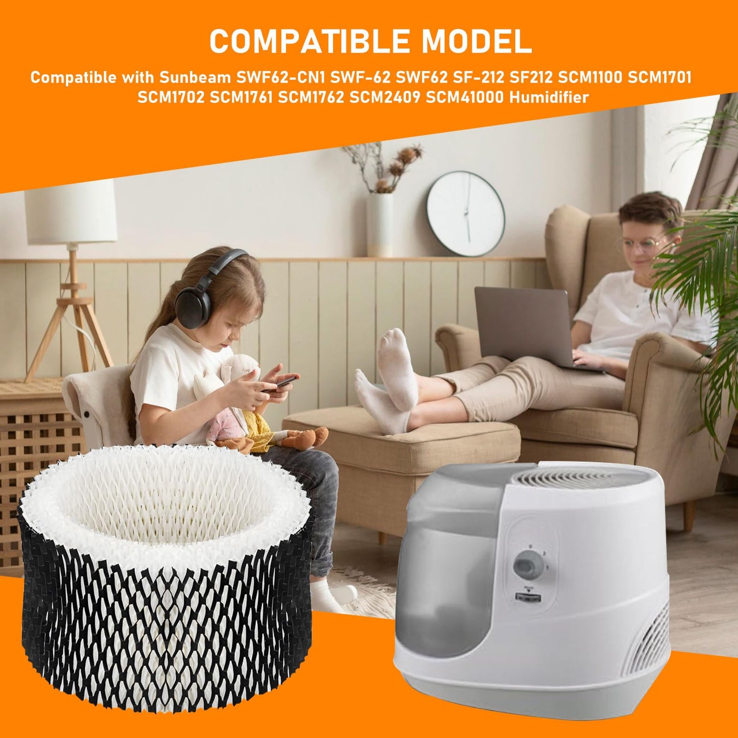 SWF62 Replacement Humidifier Filter Compatible with Sunbeam SWF62-CN1 SWF-62 SWF62 SF-212 SF212 SCM1100 SCM1701 SCM1702 SCM1761 SCM1762 SCM2409 SCM41000 Humidifier, 4 Packs