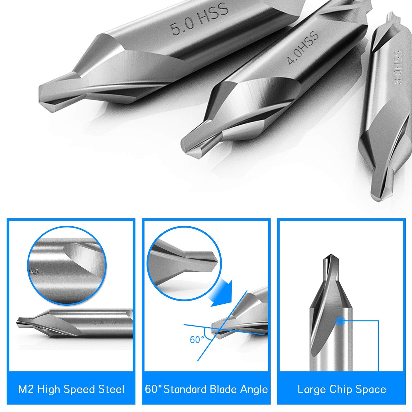 DKIBBITH 7 Pieces Center Drill Bits Set, M2 High Speed Steel 60-Degree Angle Center Drill Bits Kit Countersink Tools for Lathe Metalworking Size 1.0 1.5 2.0 2.5 3.0 4.0 5.0