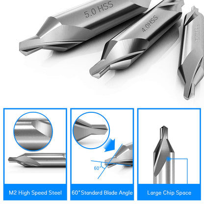 DKIBBITH 7 Pieces Center Drill Bits Set, M2 High Speed Steel 60-Degree Angle Center Drill Bits Kit Countersink Tools for Lathe Metalworking Size 1.0 1.5 2.0 2.5 3.0 4.0 5.0