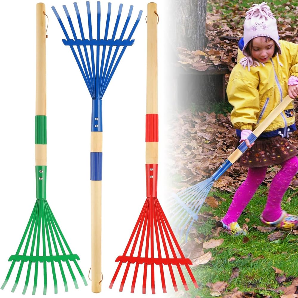 3 Pieces Rakes with Wooden Handle&Head , 27" Lawn Rakes for Leaves